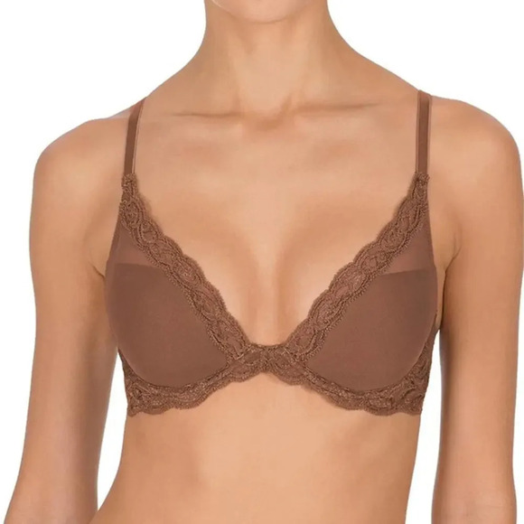 NATORI Feathers Plunge T-Shirt Bra in Cinammon Brown Contour Lace Size 34DD - Picture 1 of 8